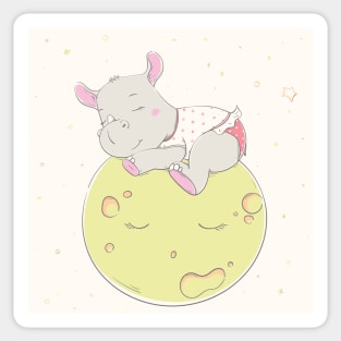 Lovely cute rhino is sleeping on moon Sticker